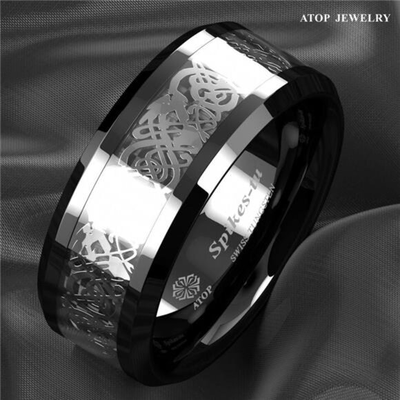Men's Wedding Band - Silver Celtic Dragon Black Tungsten Carbon Ring for Men - Picture 4 of 7